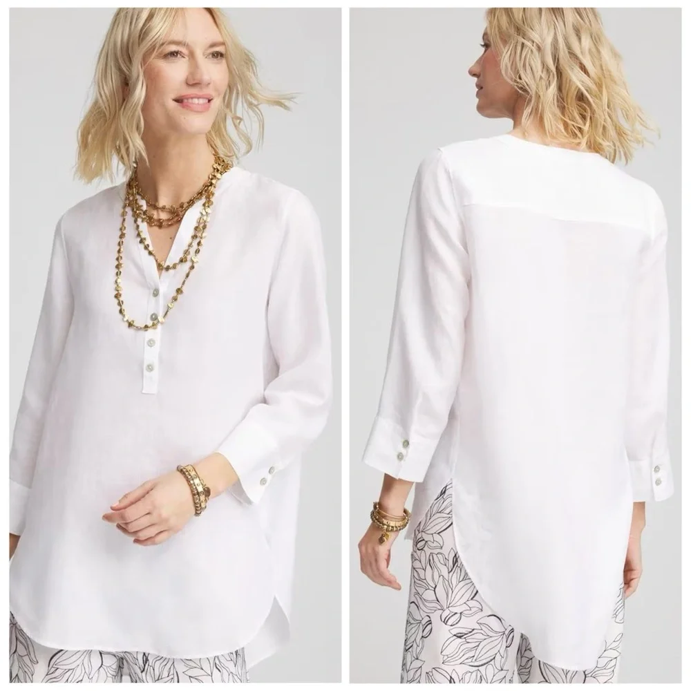 CHICO’S NWT 2 / Women’s L No Iron Linen Tunic in Optic White • Neutral Blouse - Picture 10 of 11